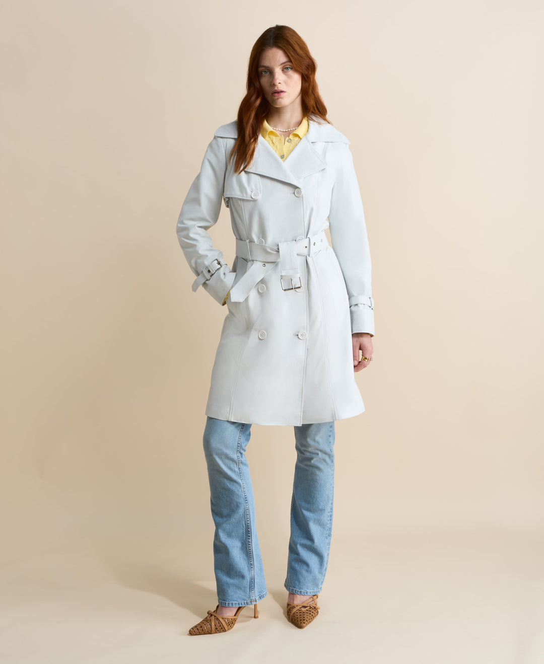 Light gray leather trench coat