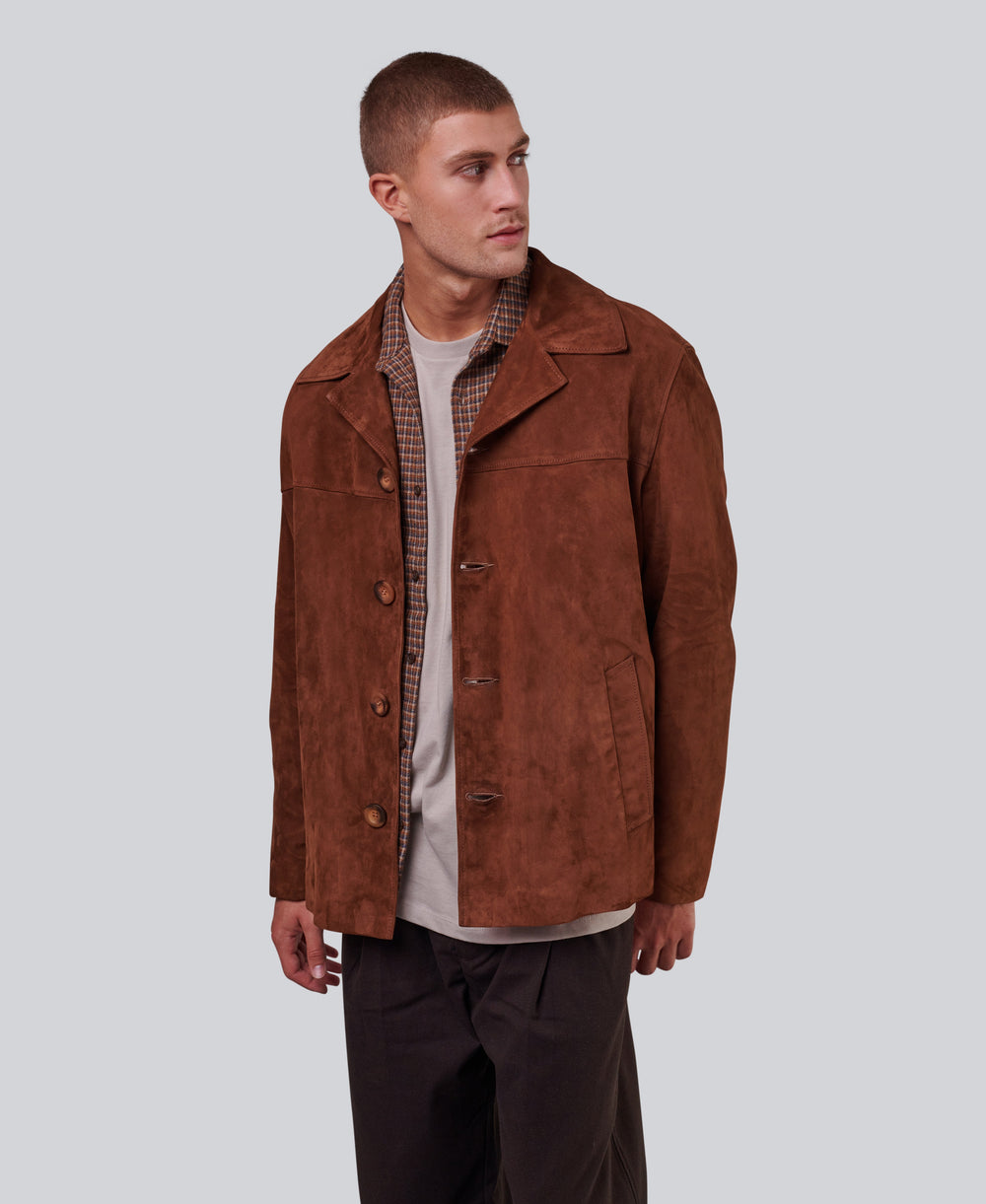 Man wearing brown suede button jacket