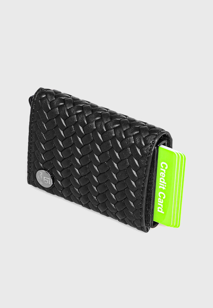 Black woven leather trifold card holder
