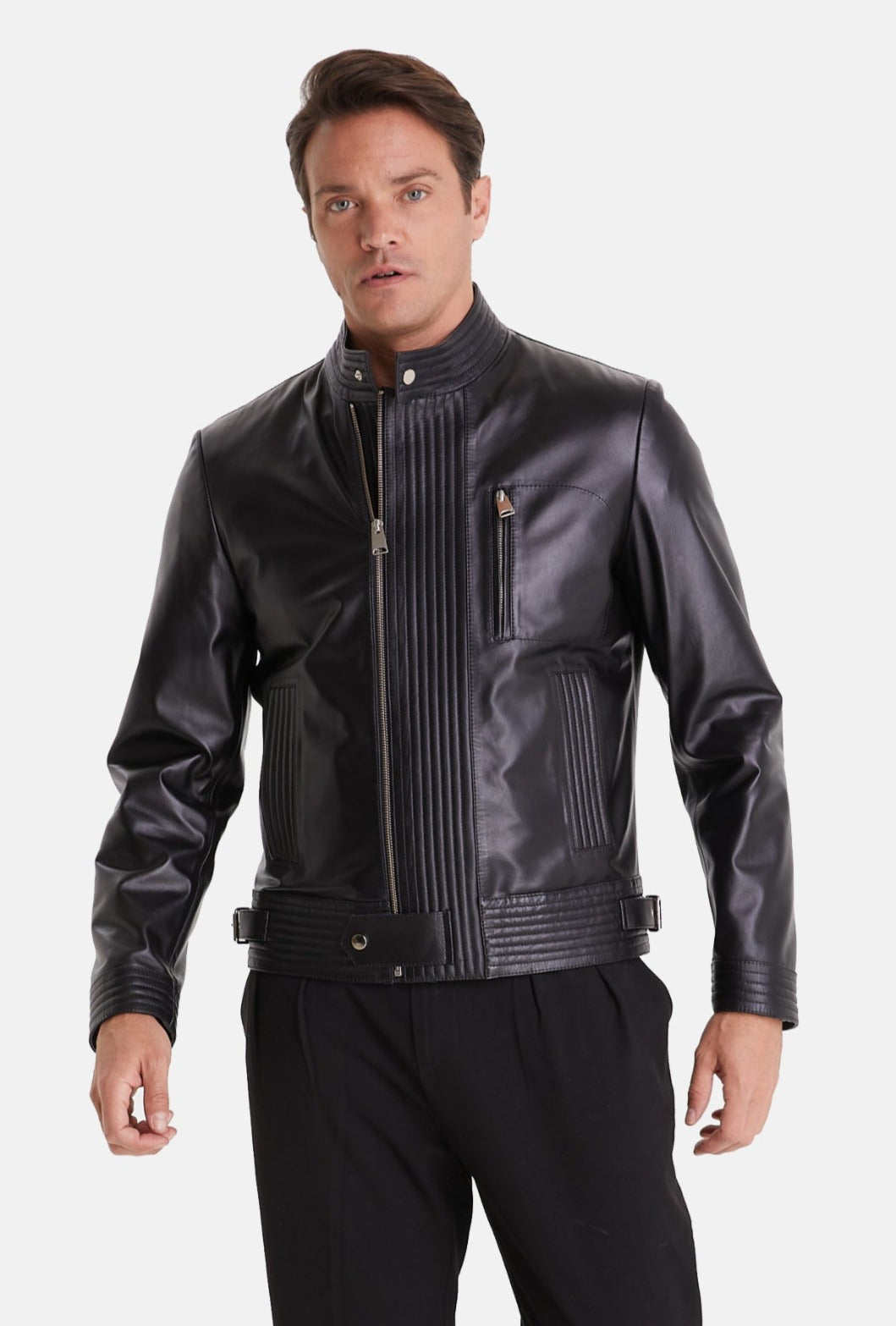 Black men's leather biker jacket
