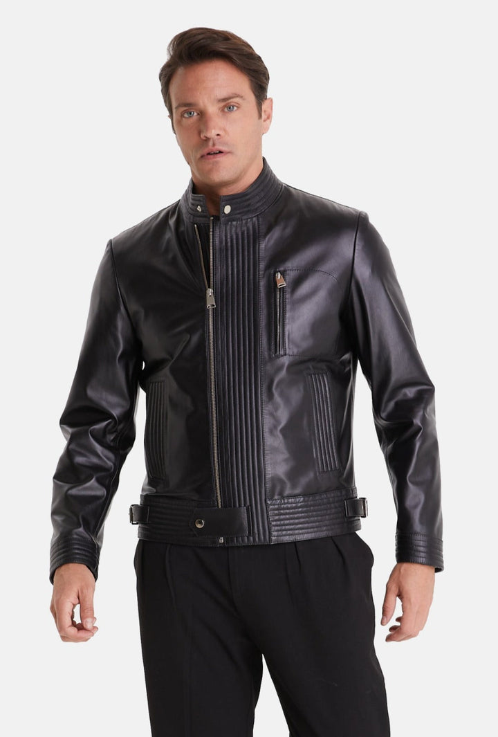 Black men's leather biker jacket