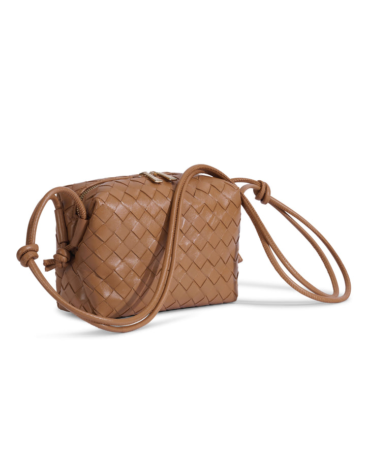 Tan woven leather crossbody bag