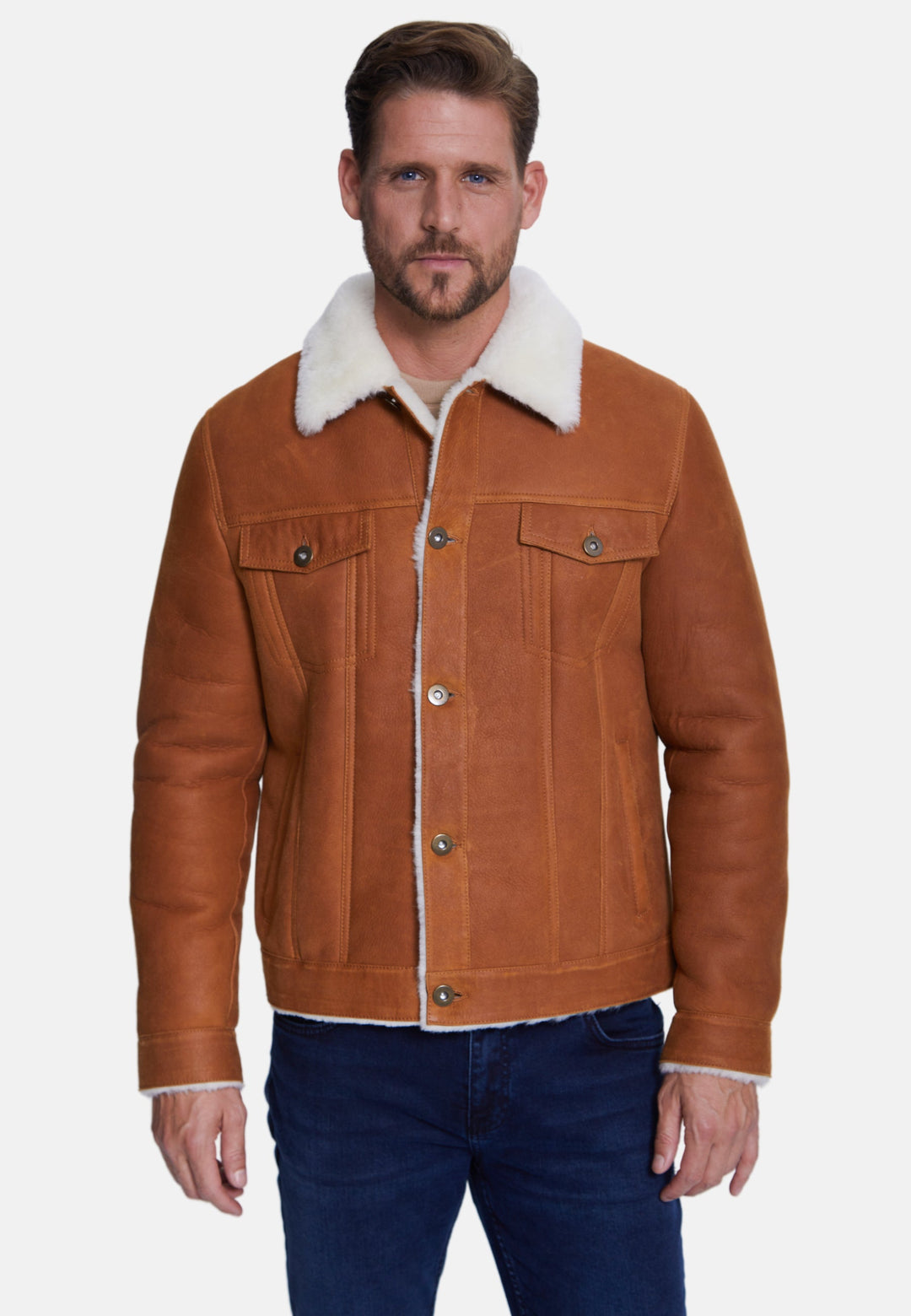 Man wearing brown sheepskin jacket