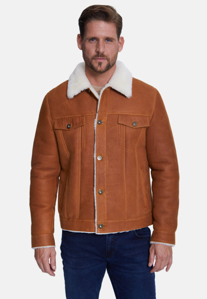 Man wearing brown sheepskin jacket