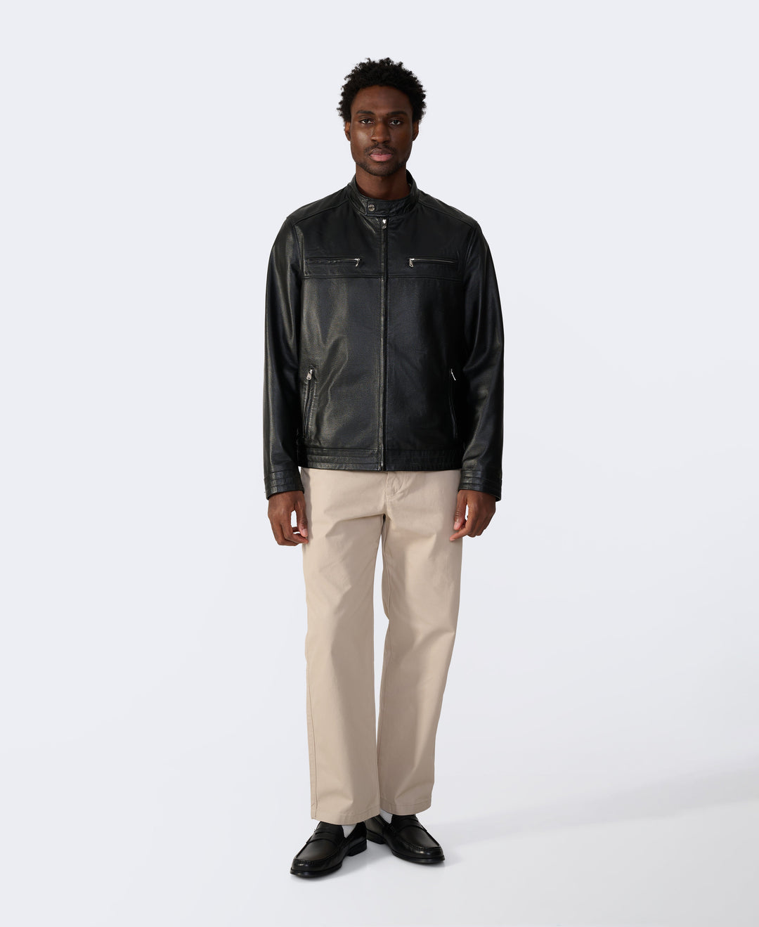 Male model wearing black leather jacket