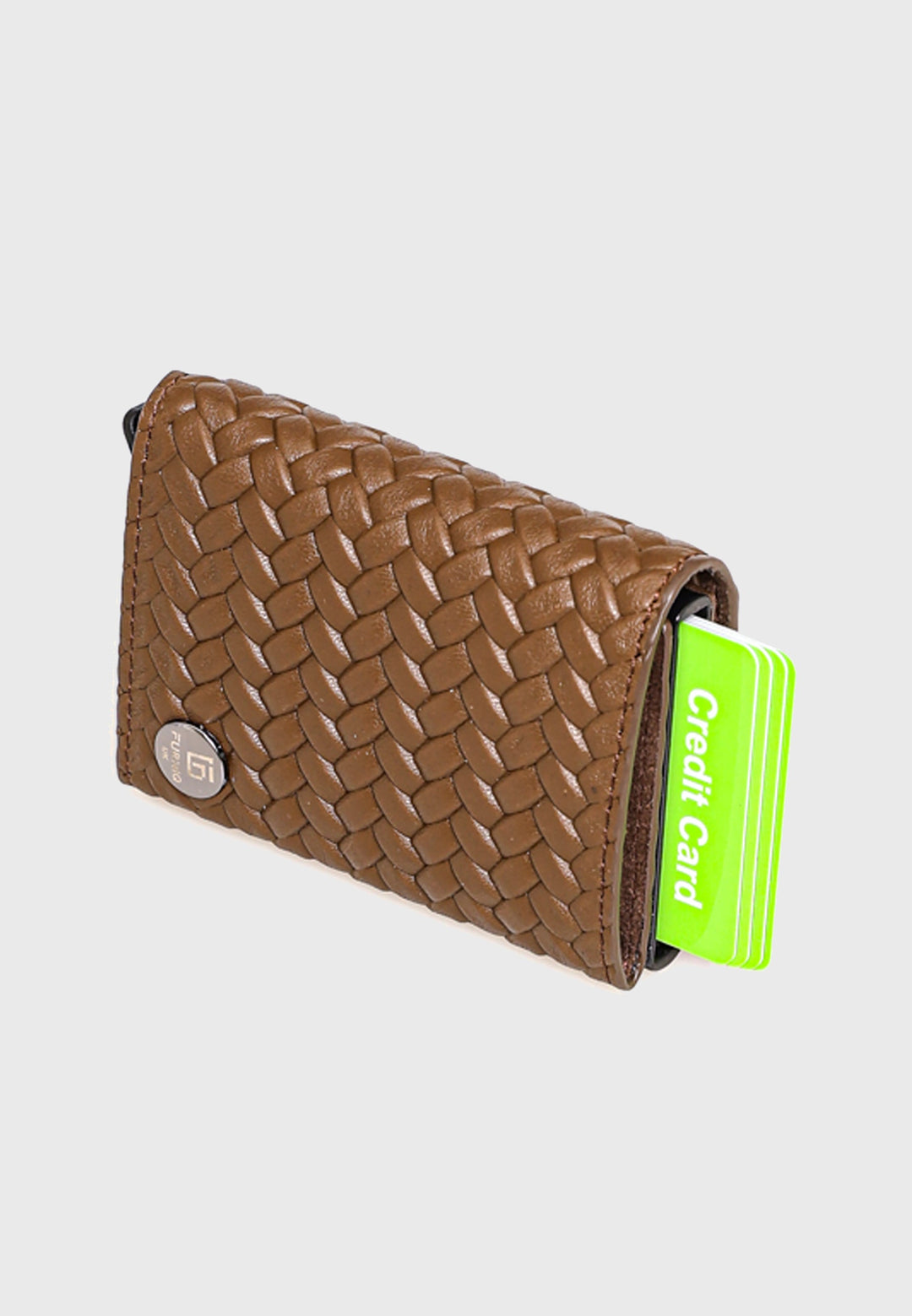 Brown woven leather trifold card holder