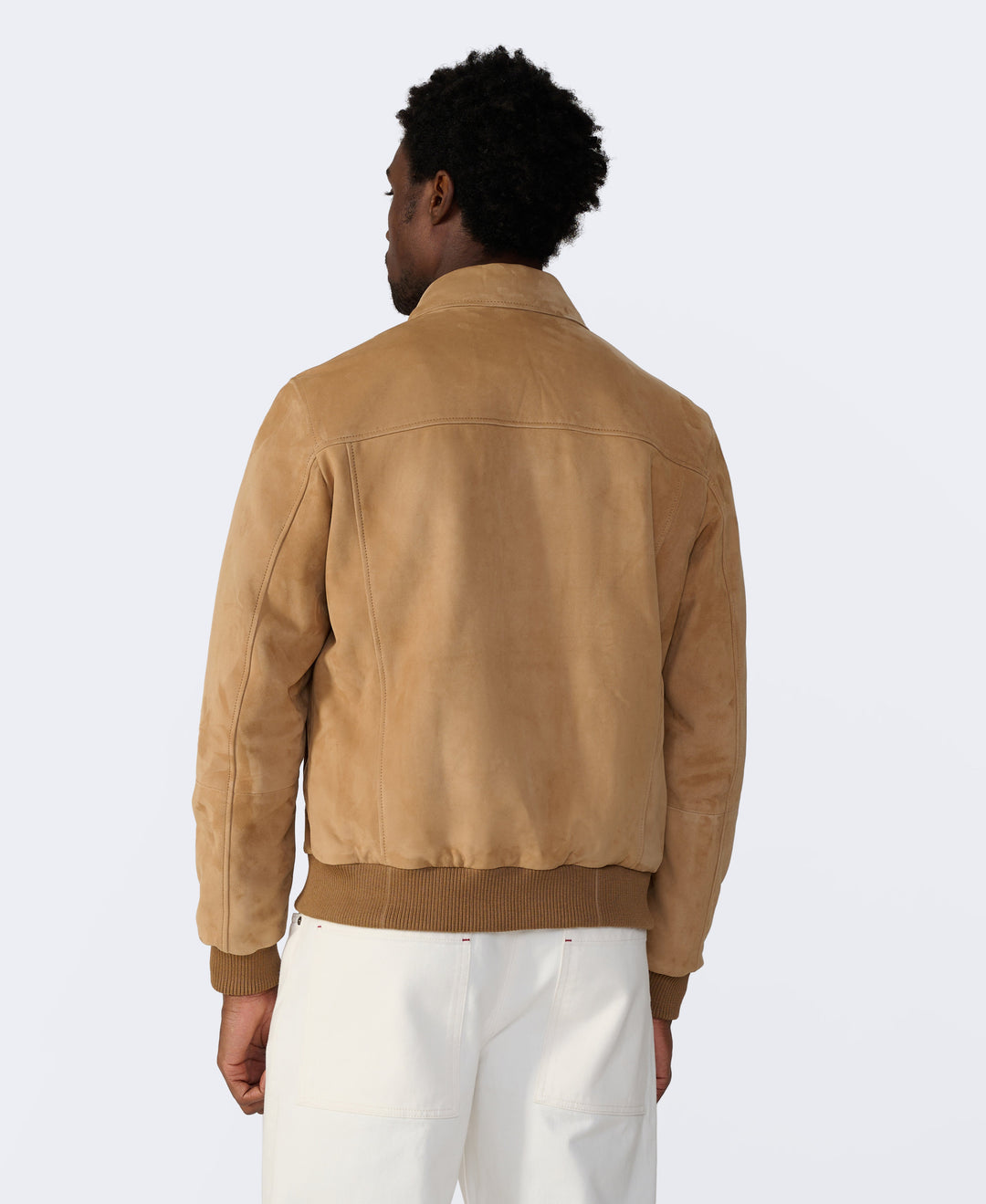 Back view tan suede bomber jacket