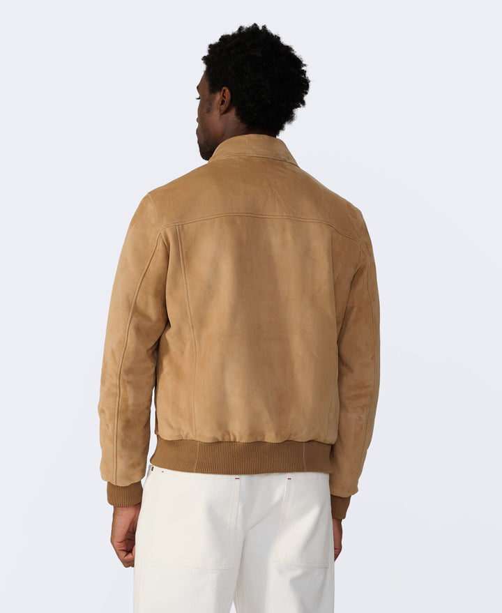 Back view tan suede bomber jacket