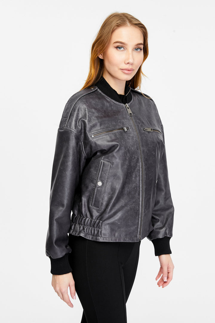 Grey leather bomber jacket on model