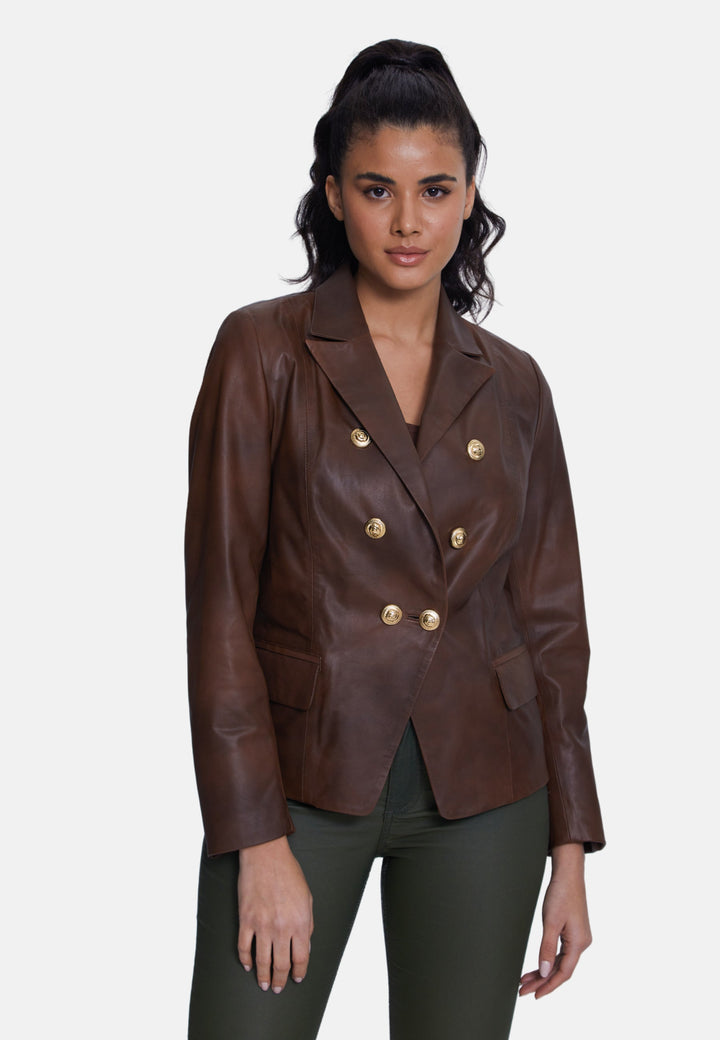 Brown double-breasted leather blazer