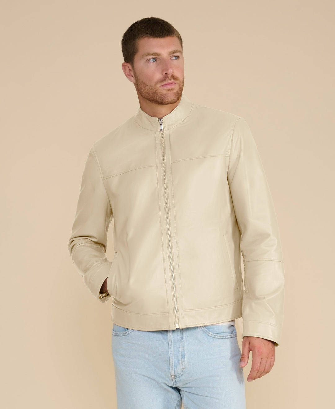 Men’s beige racer leather jacket