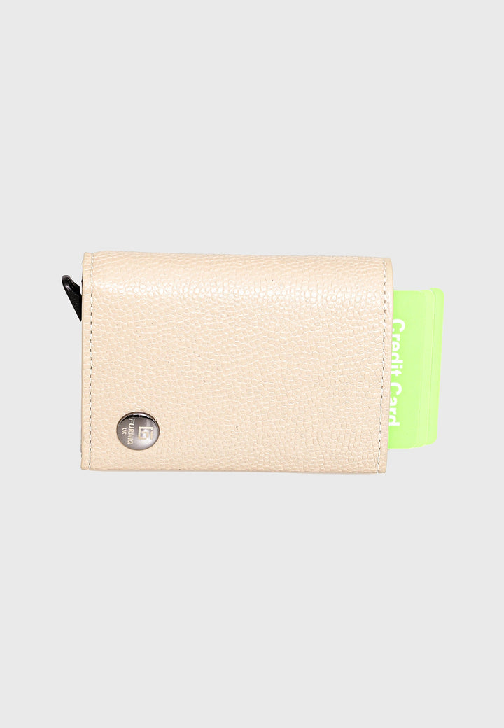 Beige pebbled leather trifold card holder