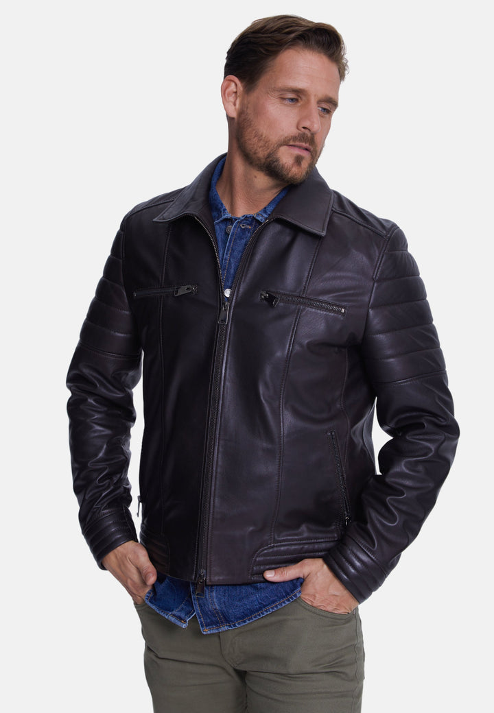 Man wearing dark brown leather jacket
