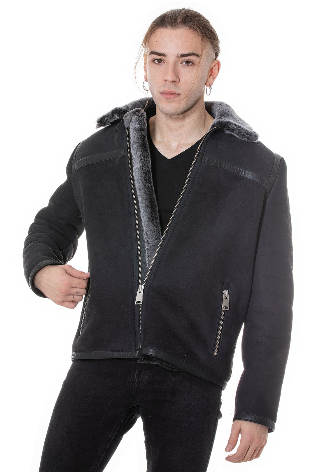 Black sheepskin jacket on model