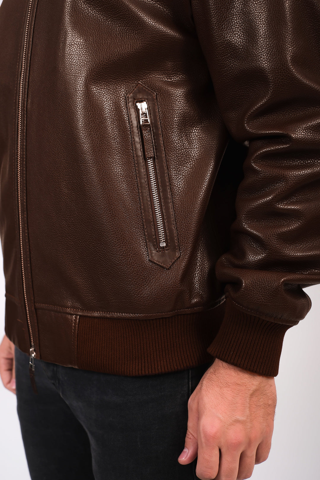 Brown leather jacket torso close-up