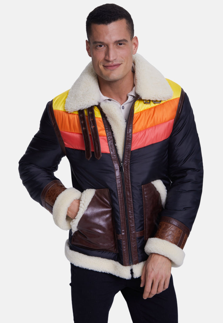 Man wearing brown shearling coat