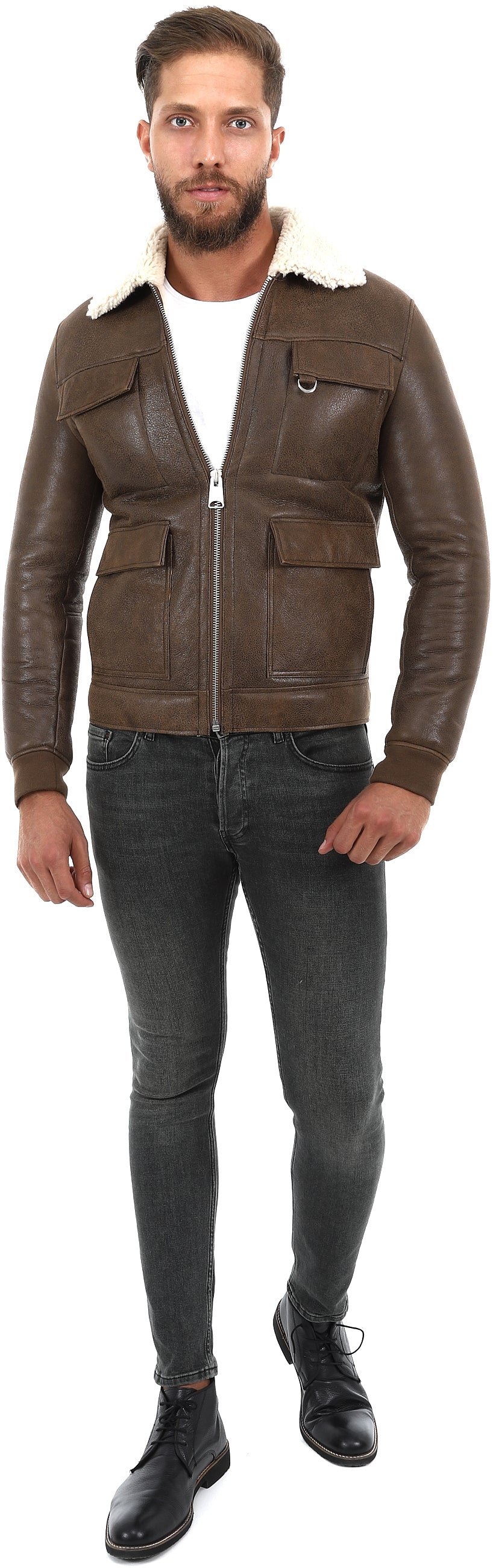 Male model wearing brown sheepskin jacket