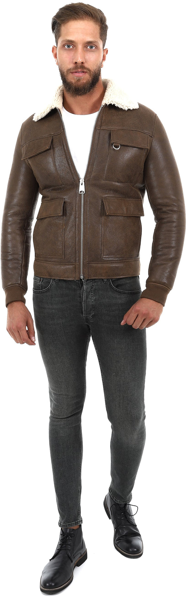 Male model wearing brown sheepskin jacket