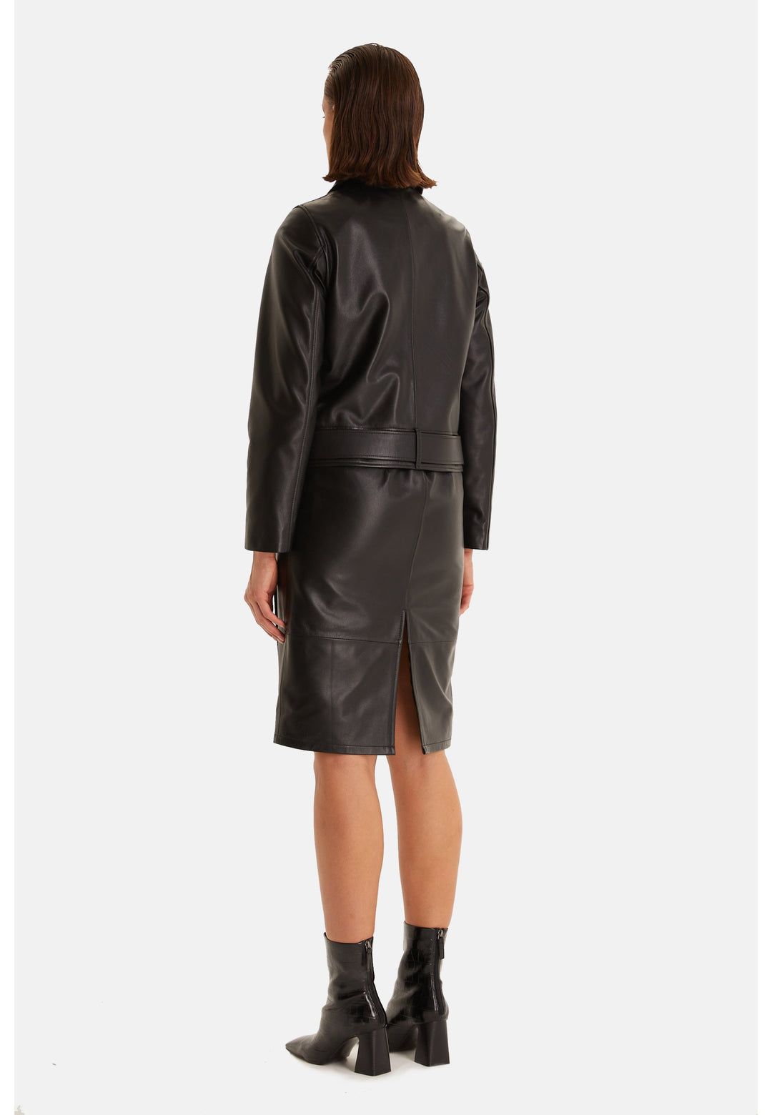 Back view of black leather jacket