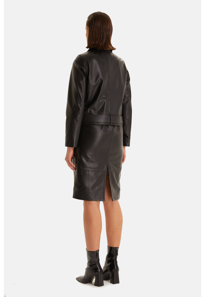 Back view of black leather jacket