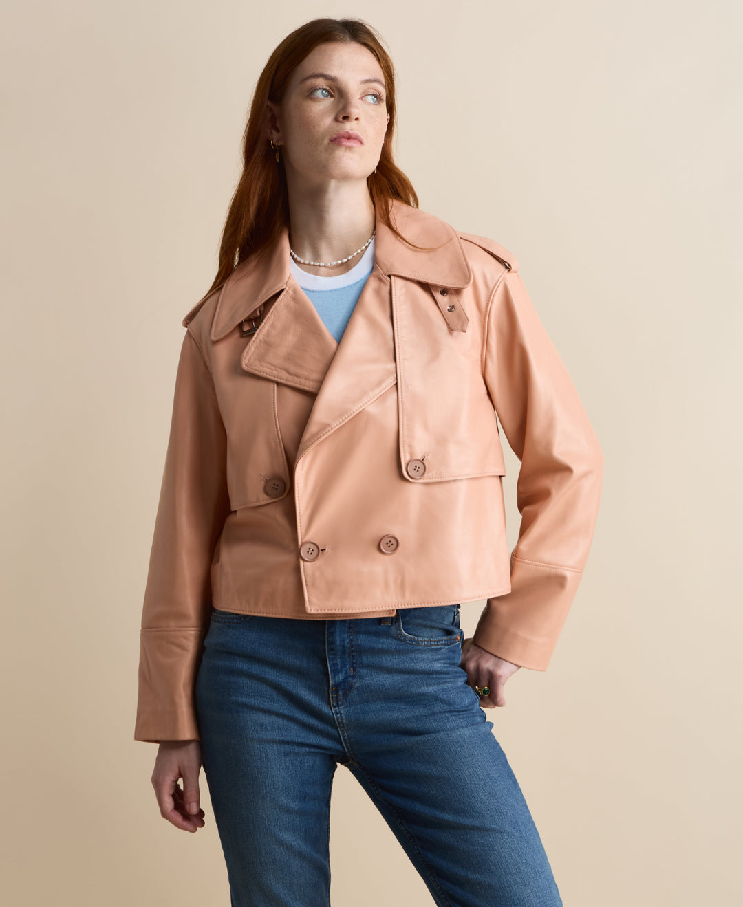 Blush cropped double-breasted leather jacket