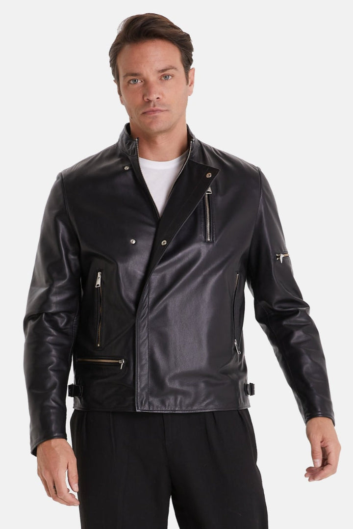 Black leather biker jacket on model