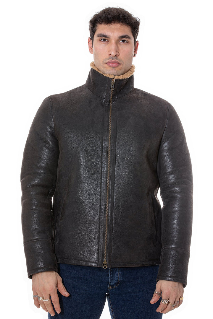 Men's dark sheepskin leather jacket