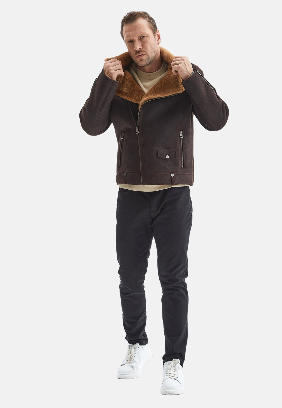 Men wearing washed brown shearling jacket