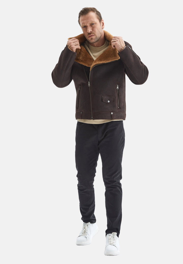 Men wearing washed brown shearling jacket