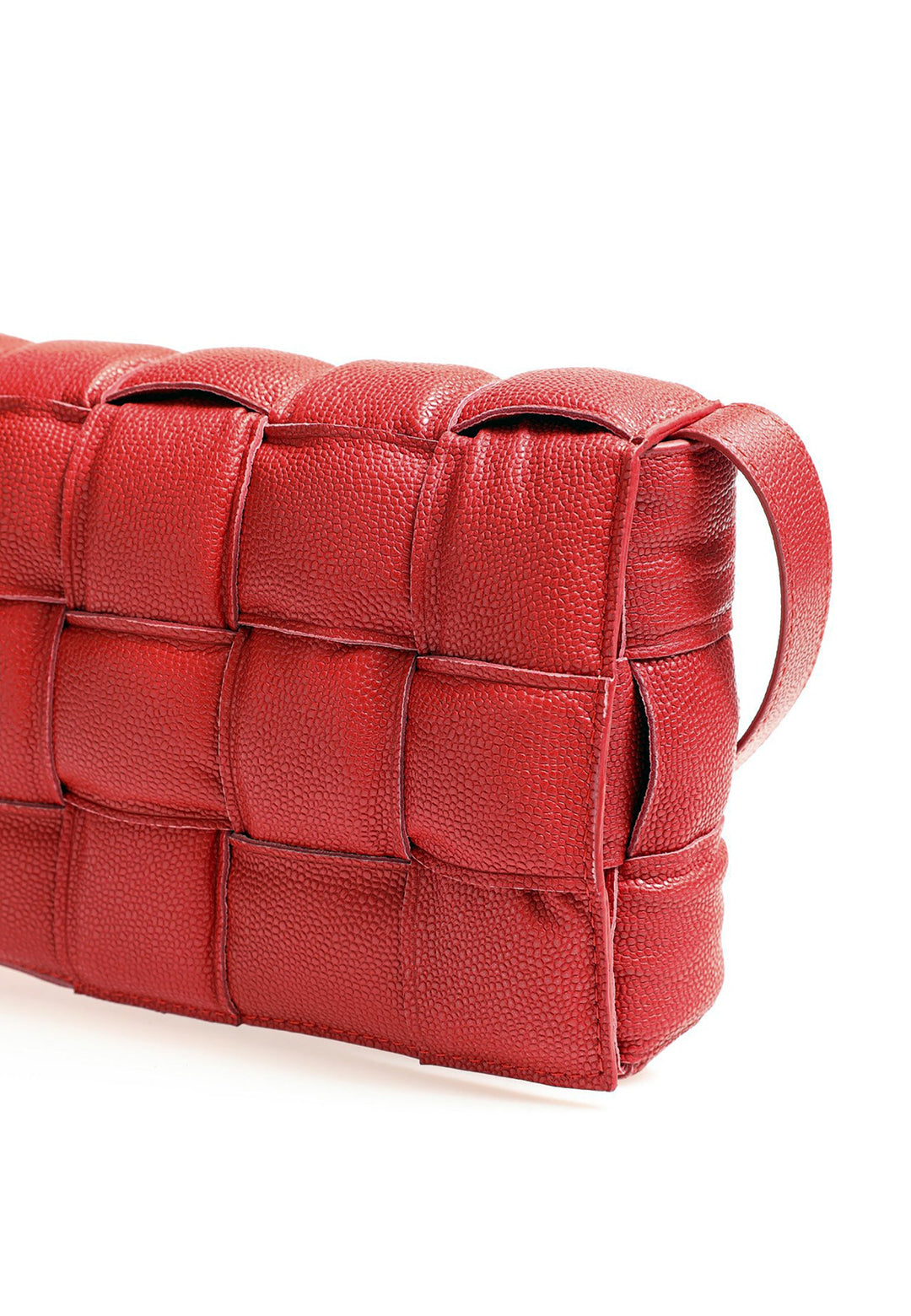 Red pebbled leather woven handbag