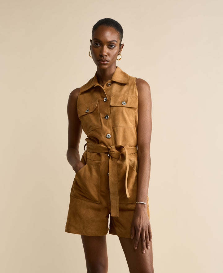 Tan suede sleeveless belted romper
