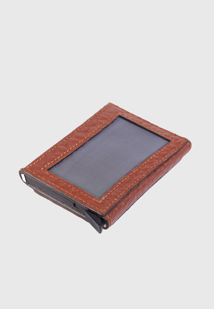Tan leather card holder with ID window