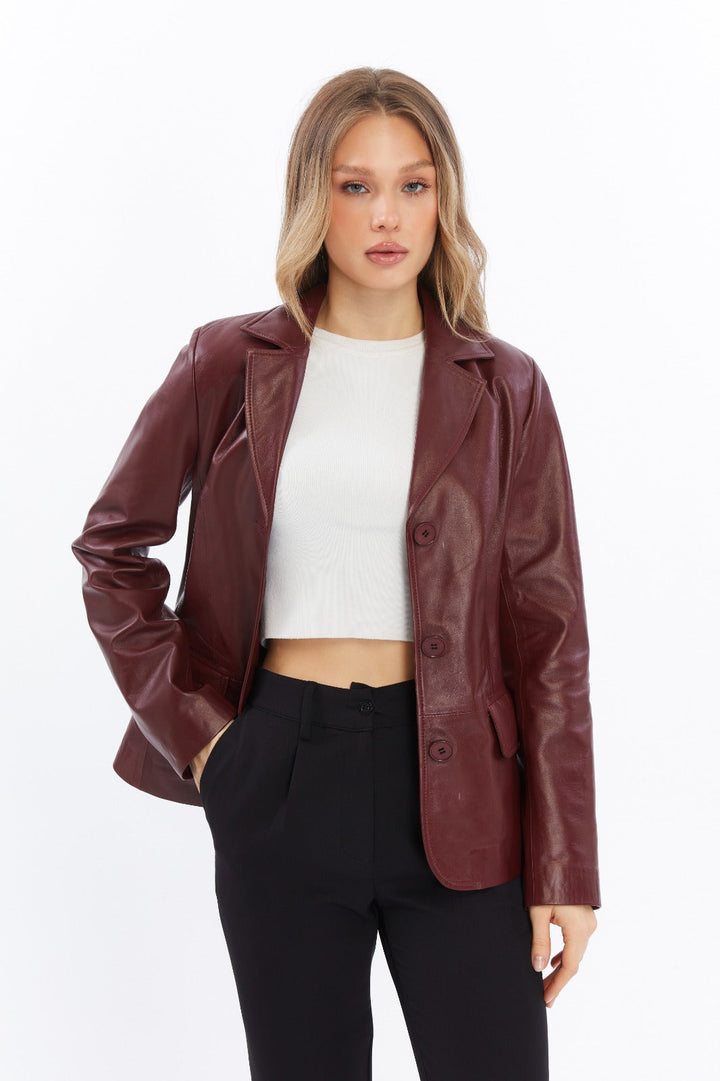 Burgundy leather blazer on model