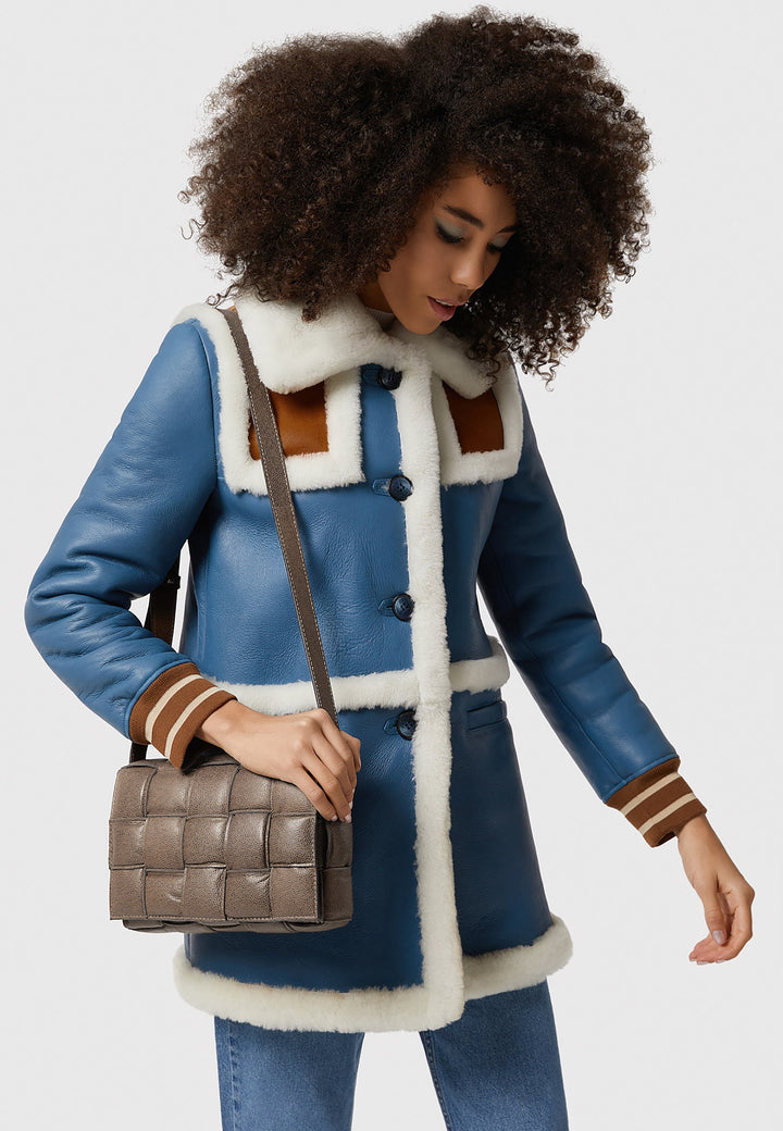 Taupe woven leather shoulder handbag