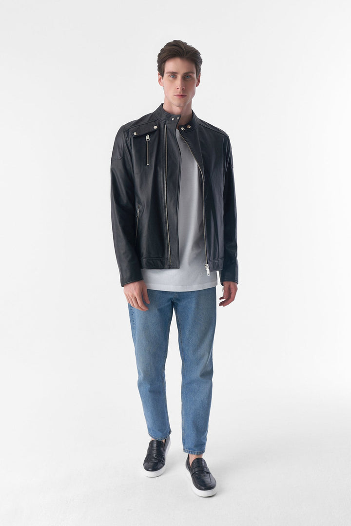 Man wearing black leather jacket