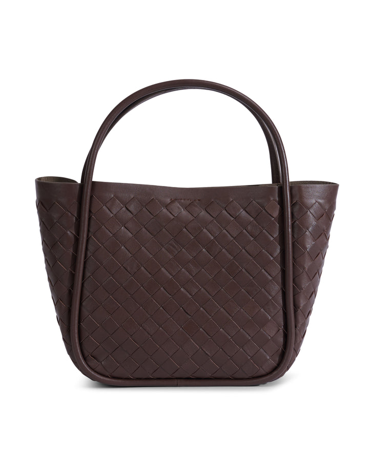 Brown woven leather top-handle bag