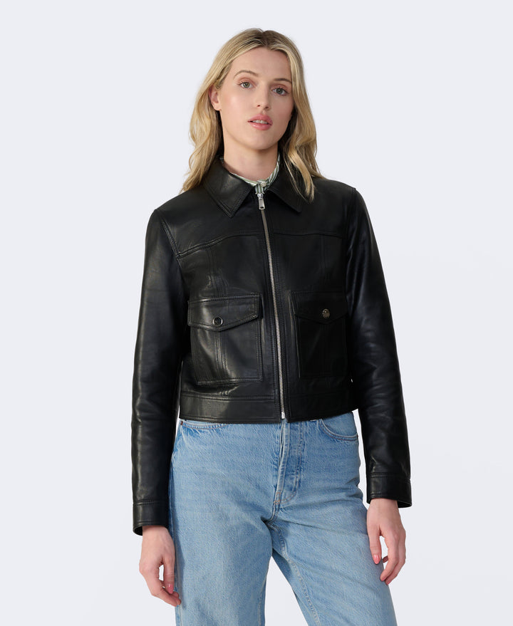 Black leather zip jacket on model
