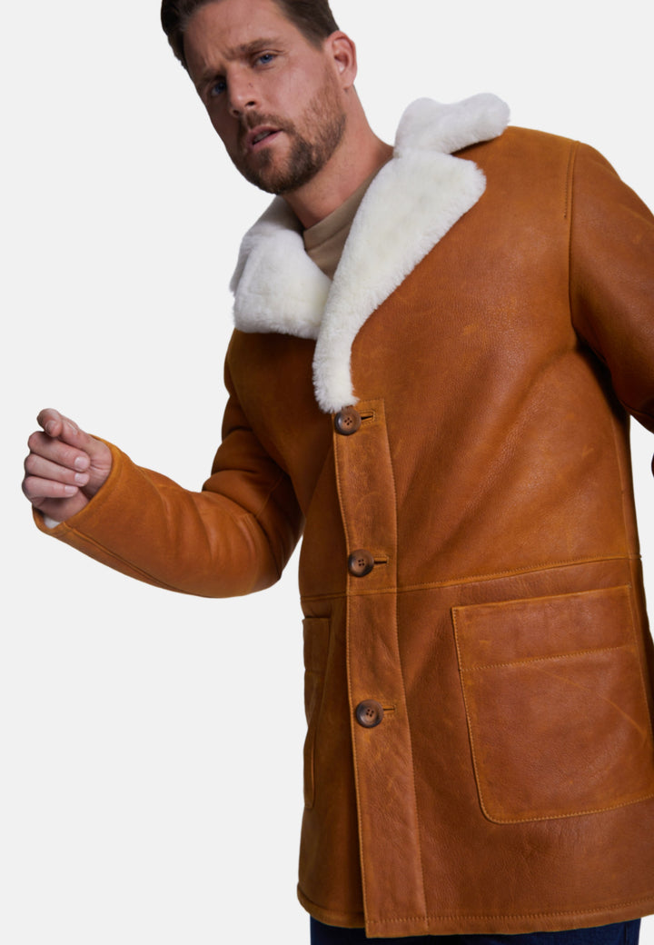 Men's tan sheepskin coat with shearling