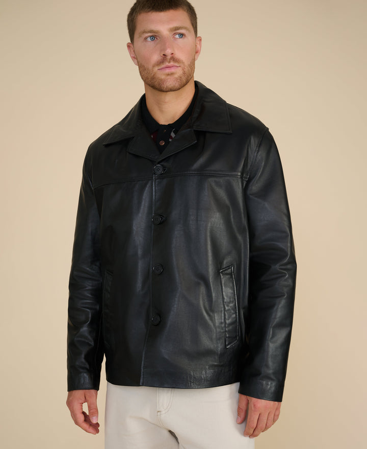 Man wearing black leather blazer