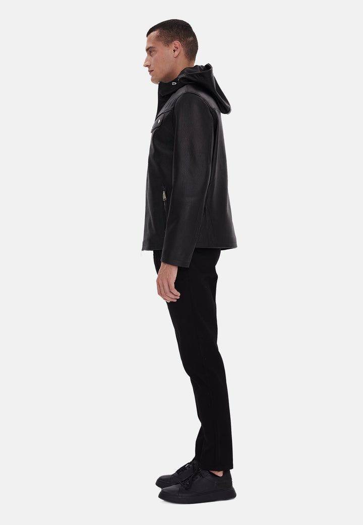Male model in black leather hooded jacket
