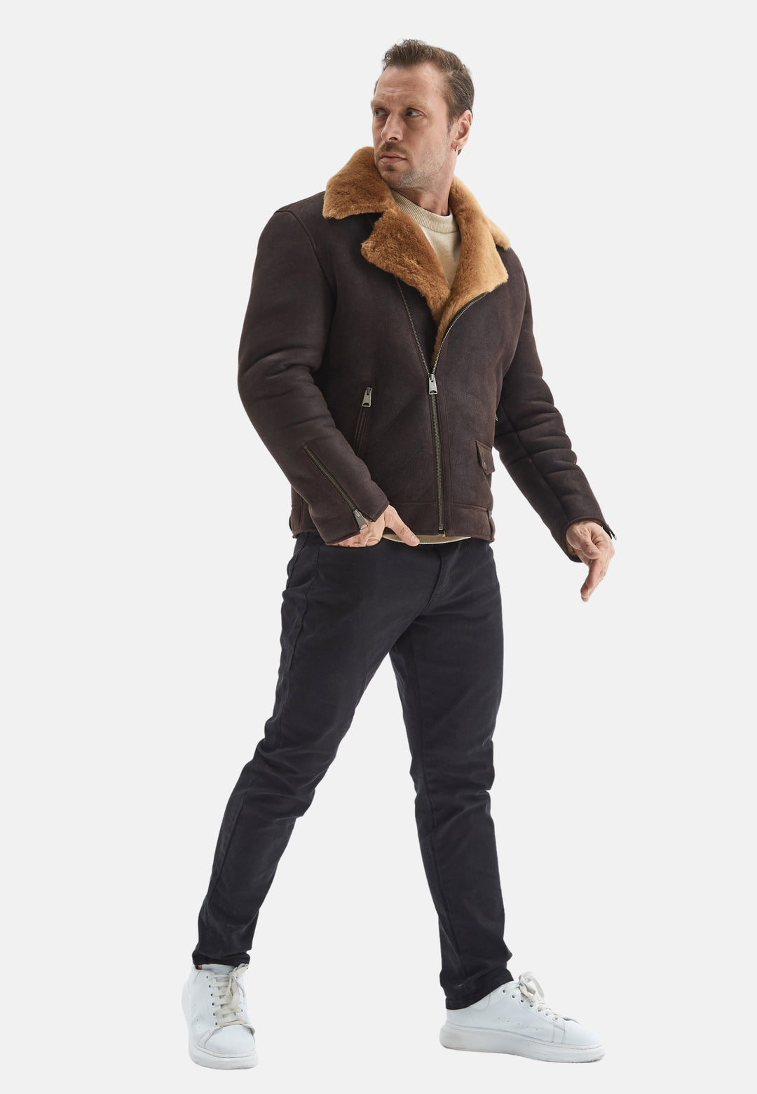 Man wearing brown shearling jacket