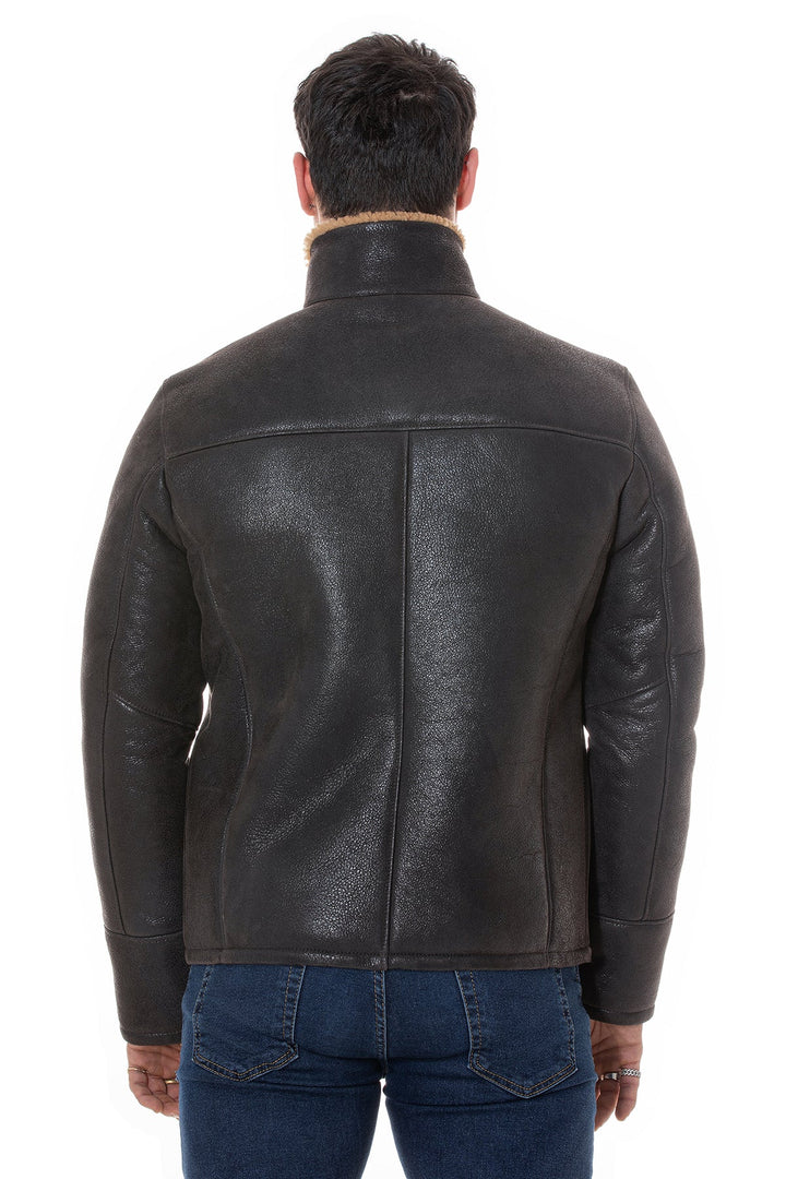 Men's black sheepskin jacket back view