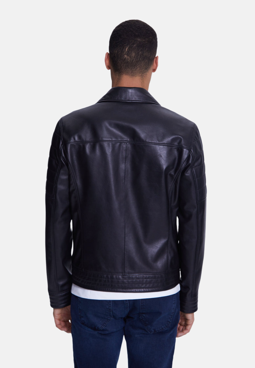 Man wearing black leather jacket - back view