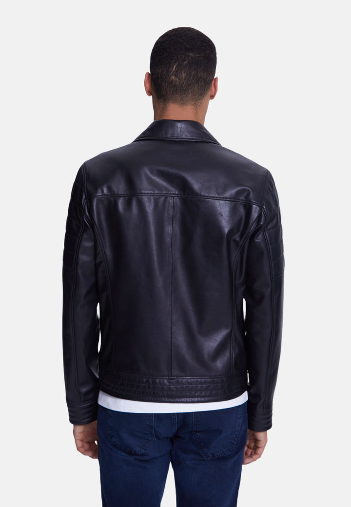 Man wearing black leather jacket - back view