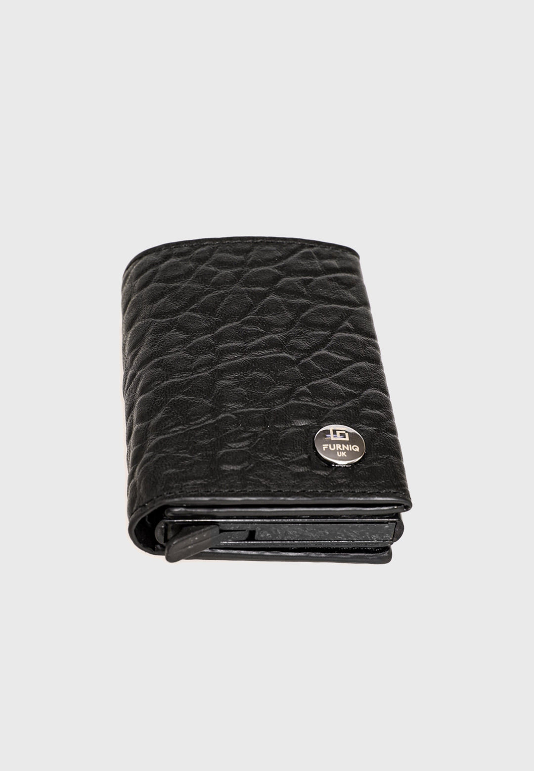 Black textured leather trifold card holder