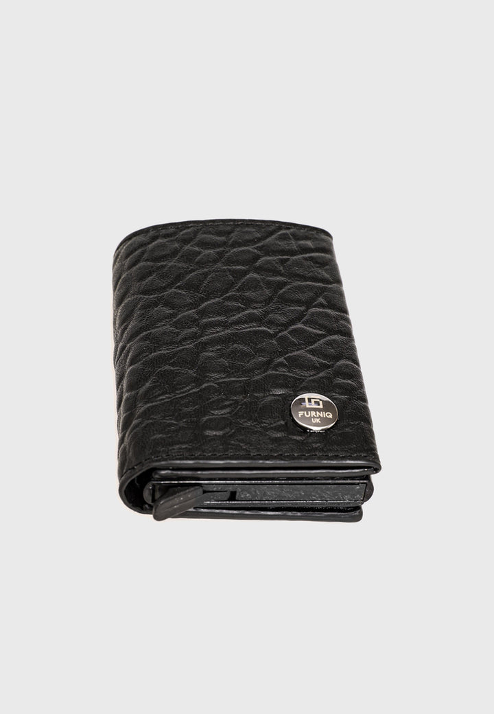 Black textured leather trifold card holder