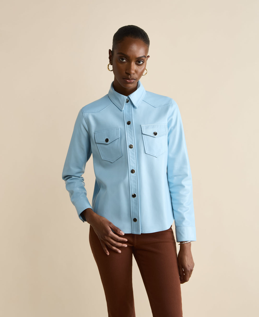 Light blue leather shirt jacket