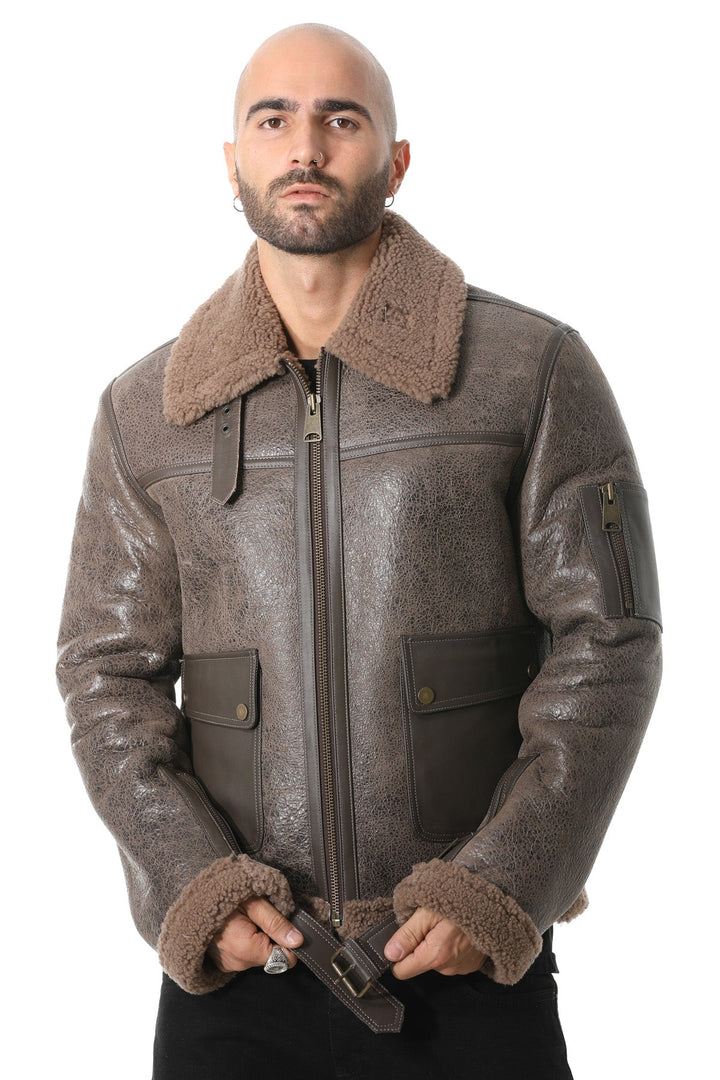 Brown sheepskin pilot jacket on model