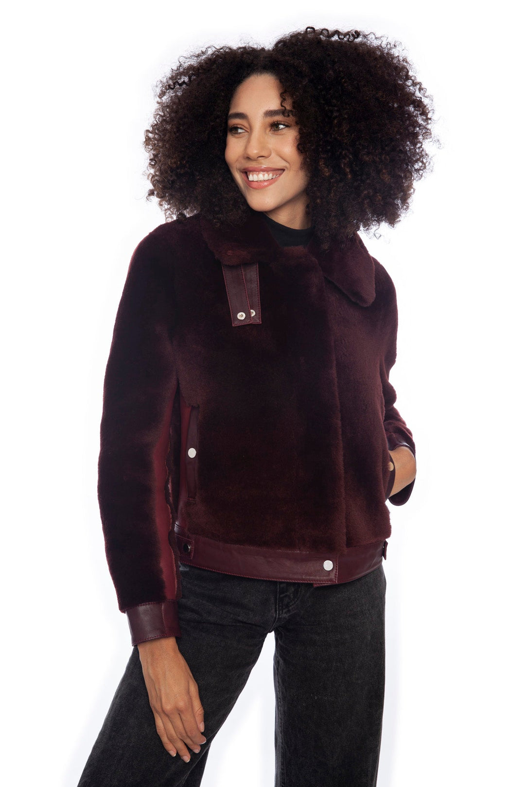 Burgundy shearling jacket on model