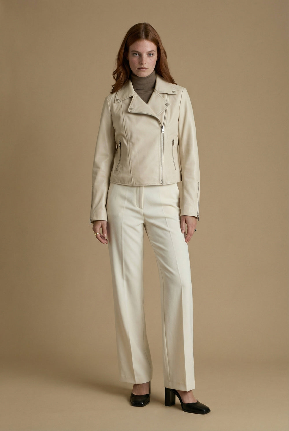 Charlotte women’s beige nappa leather jacket front view – tailored biker style in 100% British leather